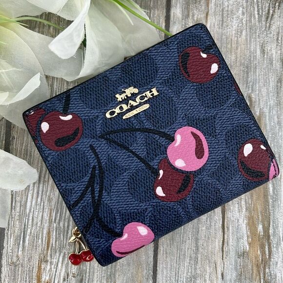 Coach Snap Wallet In Signature Canvas With Cherry Print & Cherry Charm Bag Purse - Picture 1 of 8